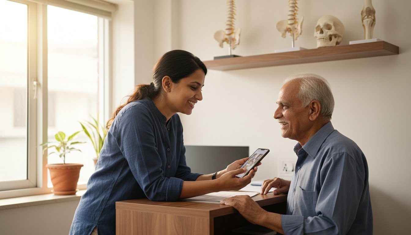 A clinic owner happily showing a patient her new website on her phone