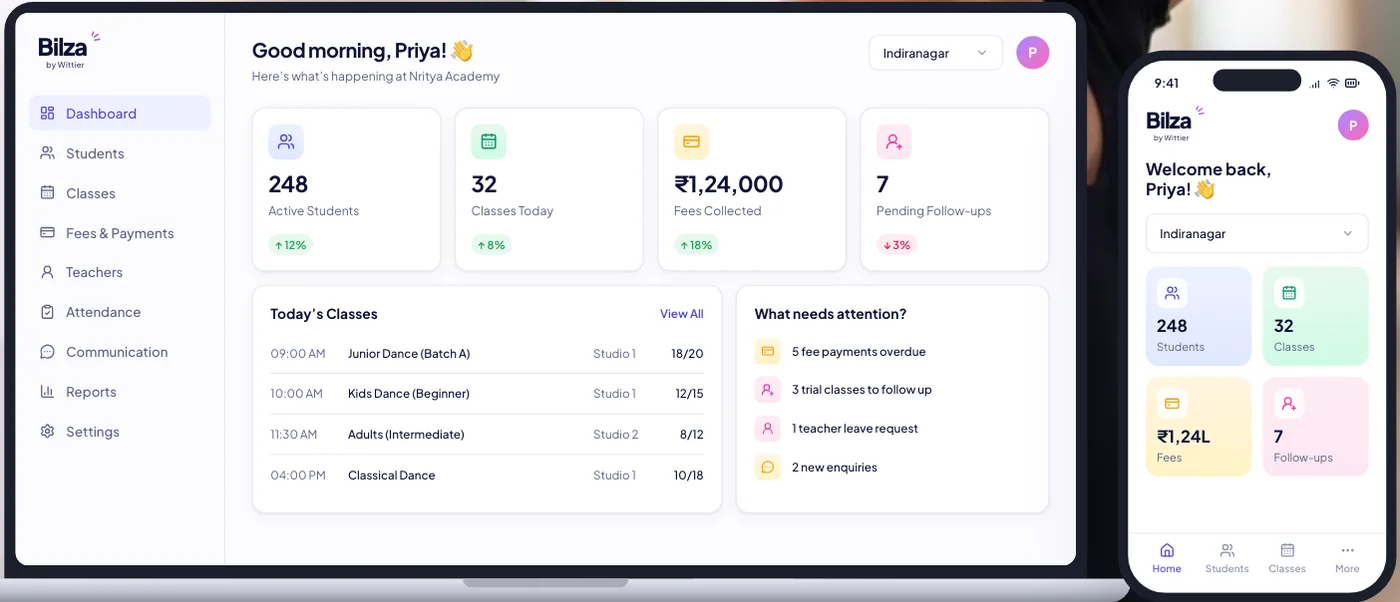 Bilza academy dashboard on laptop and phone