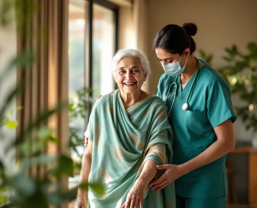 An elderly woman recovering after surgery does a guided exercise with a physiotherapist